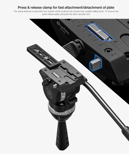Leofoto video fluid head for tripods with quick release clamp for easy camera attachment