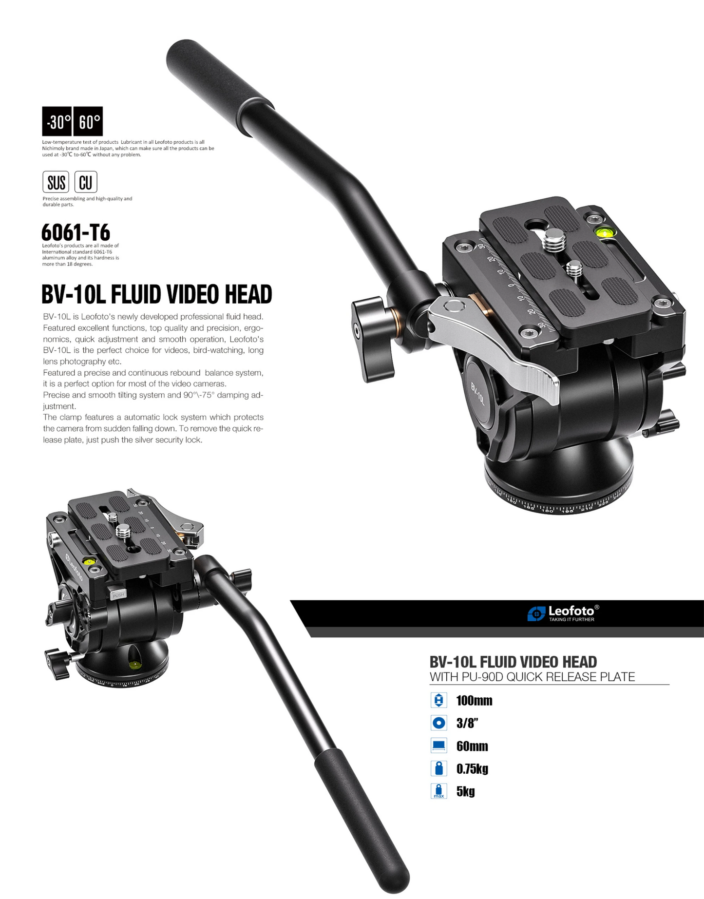Leofoto BV-10L Fluid Video Head for Tripods with Quick Release Plate and Adjustable Handle