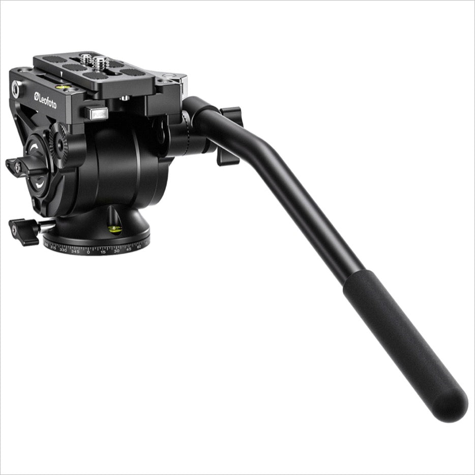 Leofoto video fluid head for tripods with smooth panning and tilting controls and ergonomic handle