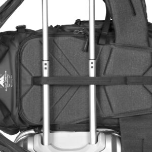 Summit Creative camera backpack designed to securely fit over rolling luggage handles for easy travel