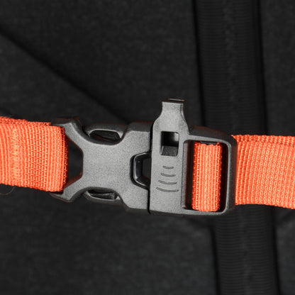 Close-up of the buckle detail on the Summit Creative camera backpack featuring durable straps