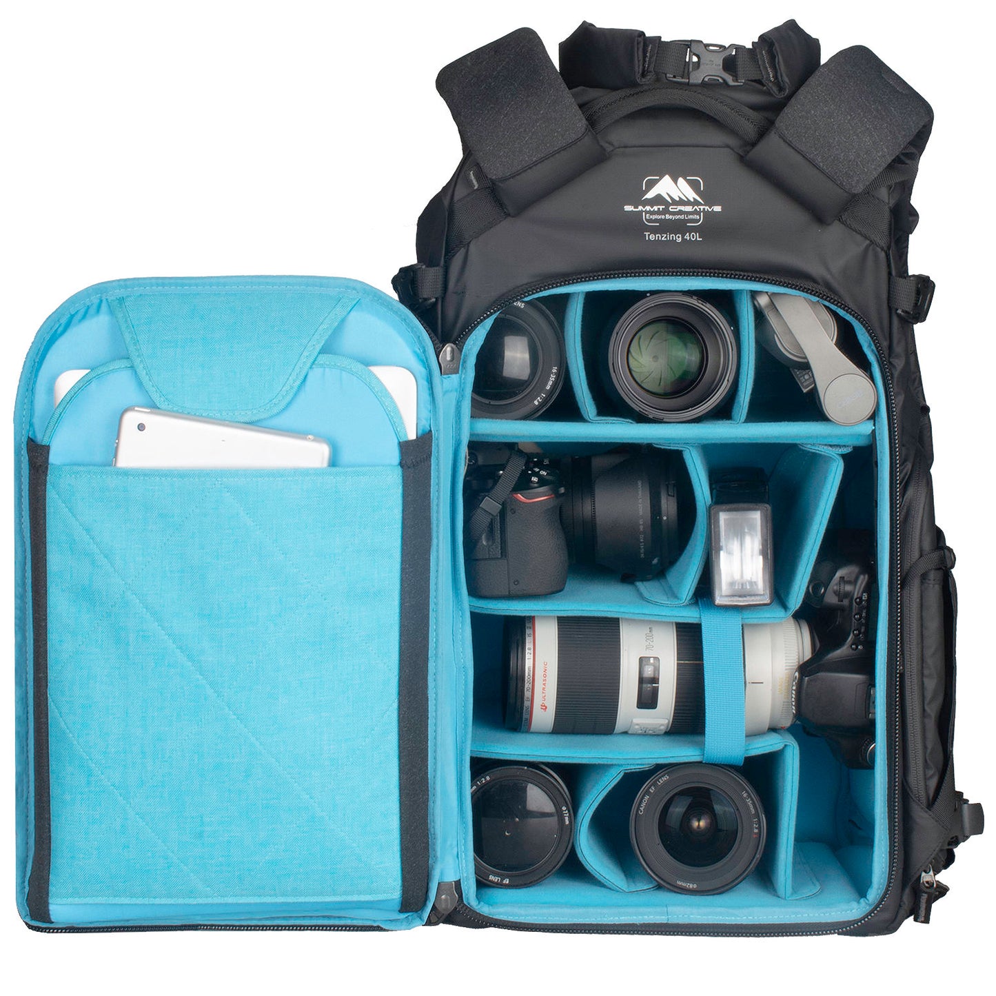 Summit Creative camera backpack featuring customizable compartments for camera gear and accessories