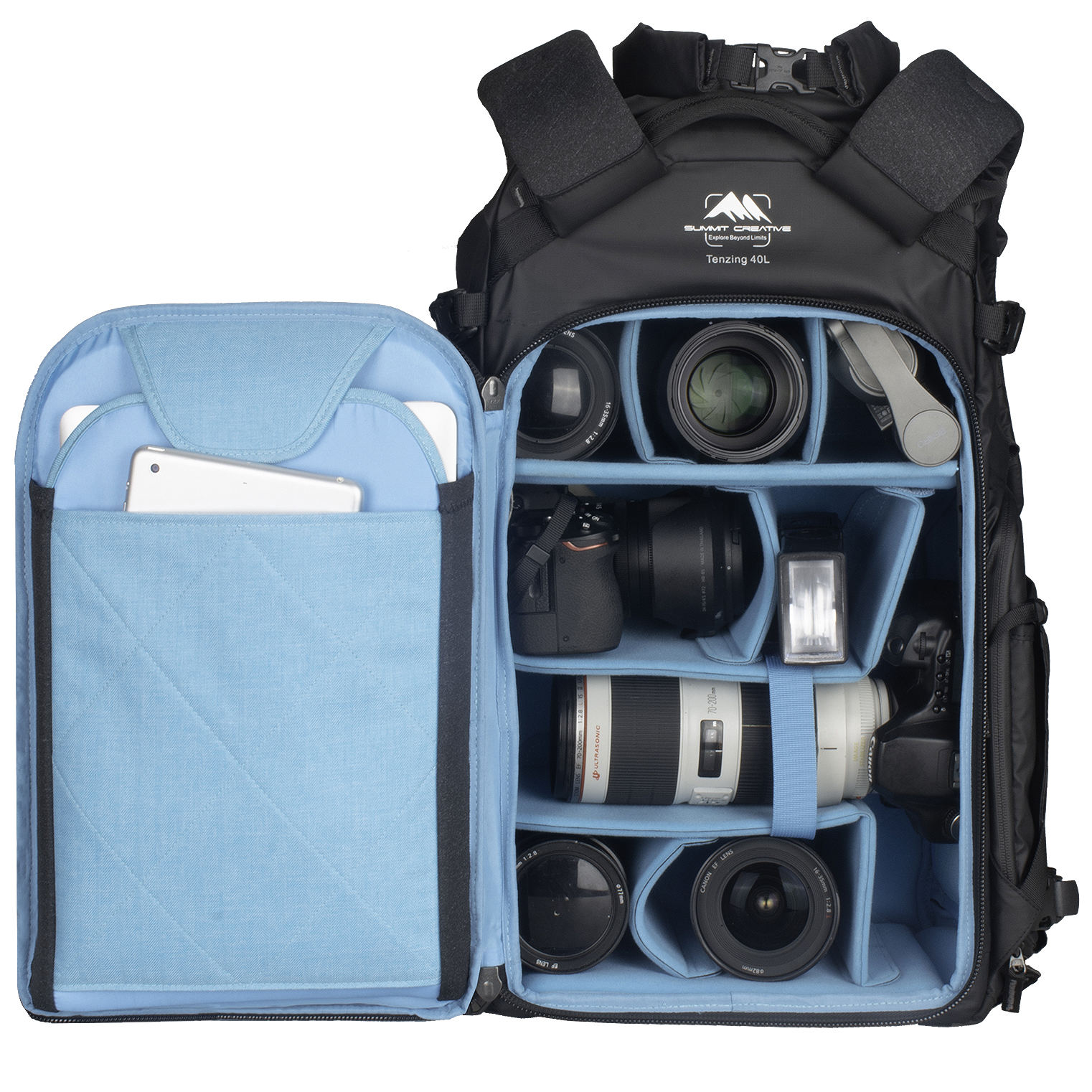 Summit Creative camera backpack featuring customizable compartments for camera gear and accessories