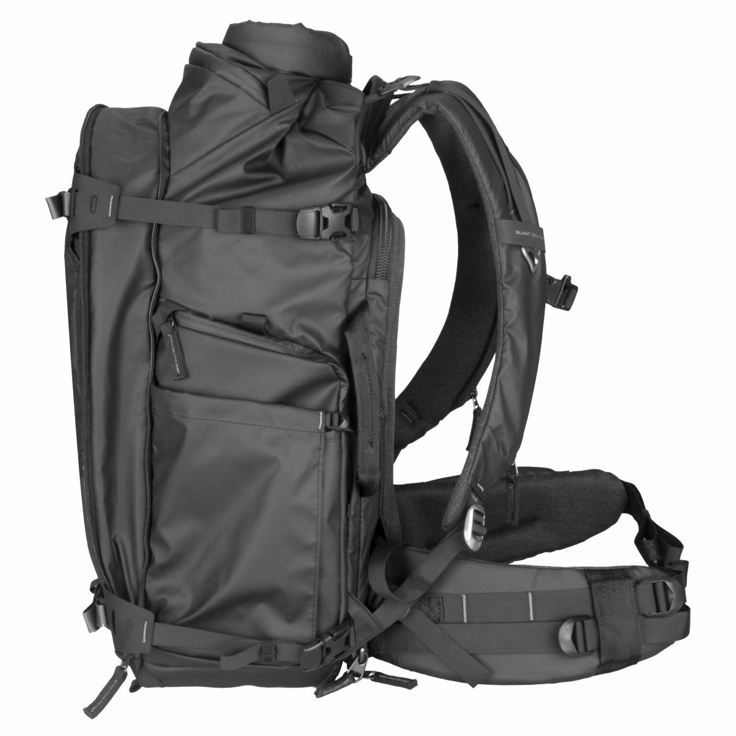 Summit Creative camera backpack in sleek black with multiple compartments for organized gear storage