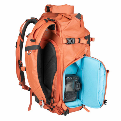 Summit Creative camera backpack in orange with padded compartment for camera and accessories